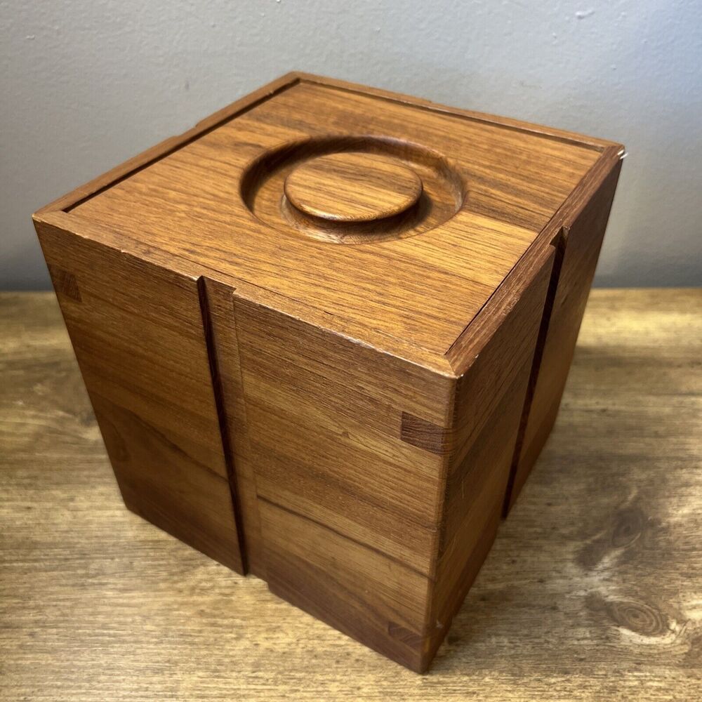 Mid Century Modern Teak Kalamar Ice Bucket Wooden Brown Square 8" X 8"
